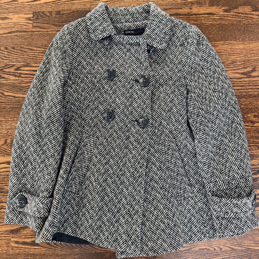 EUC Jason Kole Double-Breasted Wool Coat - Black/White, Size M